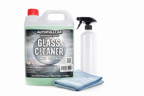 AutoFullCar Glass Cleaner 5 Litros, Limpiacristales Coche, Limpieza Parabrisas Espejos Ventanas, Secado Rápido, Brillo Duradero, Incluye Botella con Difusor y Bayeta Microfibra
