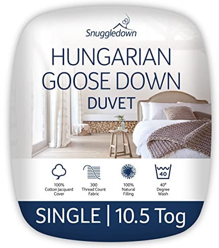 Snuggledown Hungarian Goose Down Duvet Single 10.5 Tog - All-Year Round Quilt with Ethically Sourced 80:20 Blend | UK-Made, 300tc Cotton Cover, Box Stitch, Washable (135 × 200cm)