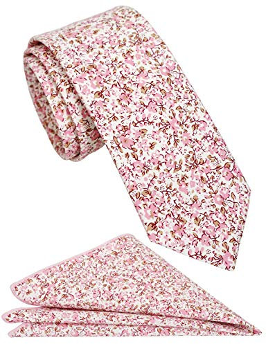 ZENXUS Herren-Krawatten-Set mit Blumen-Einstecktuch, 6,3 cm, Baumwolle, handgefertigt, schmal, Rosa/Gänseblümchendesign, Dünn