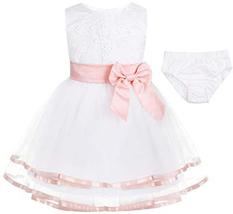 Freebily 2Pc Ensemble Robe de Baptême Bébé Fille Princesse Robe de Cérémonie Soirée Fete Brodée Robe à Bouton avec Bloomers Tenue Outfit 0-24 Mois Rose Perle 12-18 Mois