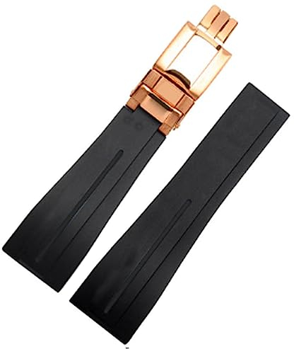 [Richie-strap] 20 mm/21 mm Gummi-Uhrenarmband Faltschließe Ersatz passend für Rolex Yacht Master Oysterflex Submariner GMT Daytona 5513/16800, Schwarz (Rose Gold Buckle), 20 mm, Riemen