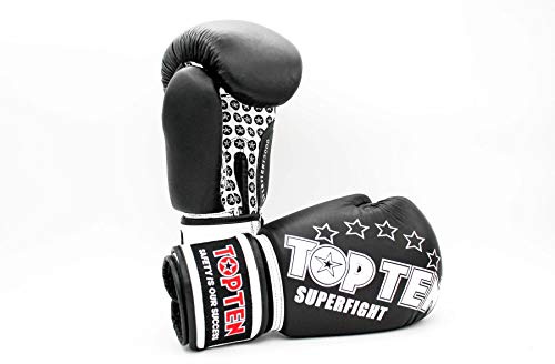TOP Ten Boxhandschuhe SUPERFIGHT 3000 10 12 14 16 Oz - Kickboxen Boxen Leder schwarz/weiß 14 Oz