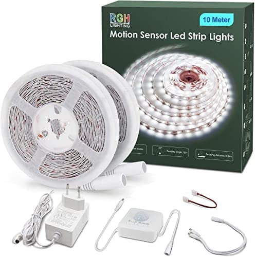 RGH LED Strip mit Bewegungsmelder, 10M Weiß Led Steifen Selbstklebend mit 3 Timing aus Für Schrank,Schlafzimmer,Küche,Treppe, 6000K