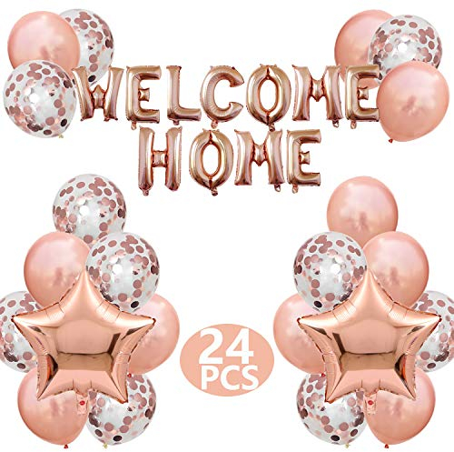 FACHY Willkommen Zuhause Banner Welcome Home Ballon mit Stern Pailletten Luftballons für Herzlich Willkommen Zuhause Baby Familie Partei Dekoration(24 Stück) (Champagner)