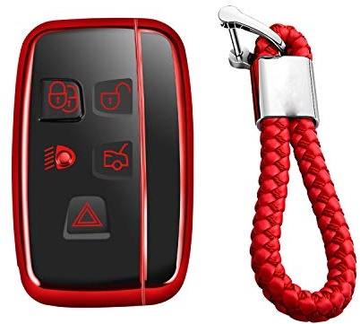 M.JVisun Soft TPU Case Cover Protector Case for Land Rover, Car Remote Key Fob Case for Land Rover Discovery 4/Sport Freelander 2 for Range Rover Evoque/Sport/Velar - Glossy Red - Braided Keychain