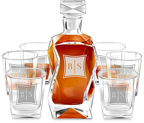 Maverton Whiskey Karaffe + 6er Whiskygläser Set mit Gravur - 700ml Whisky Dekanter - Geschenk zum Geburtstag für Männer - Initialien