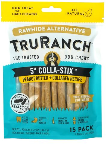 TRURANCH Collagen Sticks - 5 Collagen Sticks for Dogs - Long Lasting Healthy Joint Support Dog Treat - Rawhide Alternative - Skin & Coat Health - Made with Real Peanut Butter, 1 Bag, 15 Count
