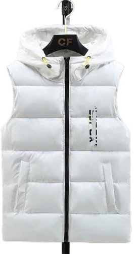 RFEGEF body warmers for a man,men's Gilets Fashion White Glossy Hooded Plus size Body Warmers Gilet light quilted vest Casual Sleeveless Jacket Coat outdoor Vest Windproof Puffer Vest Pockets,S