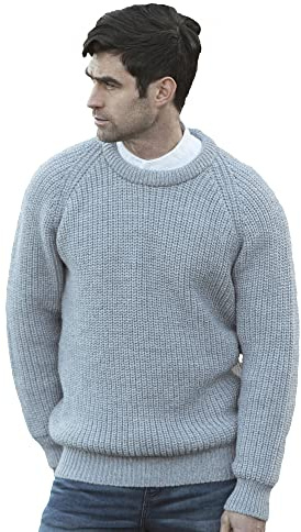 Aran Crafts Fisherman Irish Rib Crew Neck - Suéter de Lana para Hombre, Gris (Ash Grey), XL