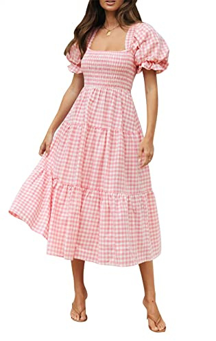 ZESICA Robe d'été bohème pour Femme - Col carré - Manches à Bulles - Volants - Robe de Plage Fluide, Rose, Taille S
