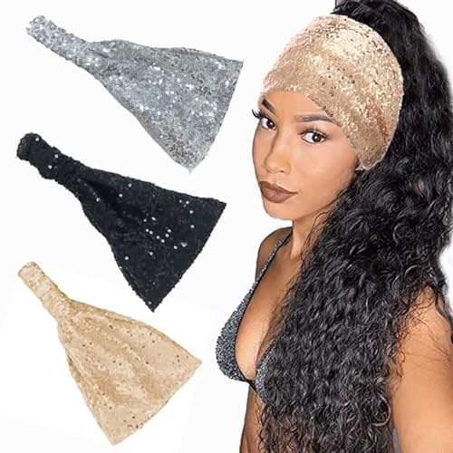 Fashband Boho-Pailletten-Stirnband, elastisch, glitzernd, Haarbänder, Meerjungfrauen-Kopftücher für Damen und Mädchen, 3 Stück, gold, 1 count (Pack of 1)