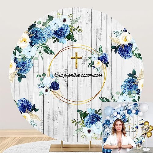 SDOTPMT Diameter 6.5ft God Bless Communion Round Backdrop Blue Flower Rustic White Board First Baptism Christening Photography Background for Newborn Children Baby Shower Supplies Photo Booth Props