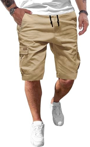 JMIERR Kurze Hosen Herren Baumwolle Cargo Shorts Herren Sommer Freizeithose mit Taschen Khaki L