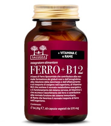 Salugea FERRO + B12 Salugea - Integratore 100% Naturale - Con Ferro liposomiale, Vitamina B12, Rosa Canina (Vitamina C) e Rame - 60 Capsule Vegetali in Flacone in vetro scuro farmaceutico