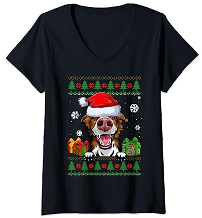 Damen Weihnachtspullover für Hundeliebhaber, Border Collie, Weihnachtsmütze T-Shirt mit V-Ausschnitt