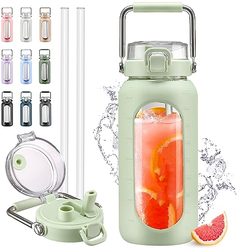 HYDRAGLAZIC 2 Liter Glass Water Bottle with Straw and Time Marker 2L Motivational Water Tumbler with Silicone Sleeve and Spout Lid Wide Mouth Borosilicate Water Jug BPA Free Leak-Proof, Light Green