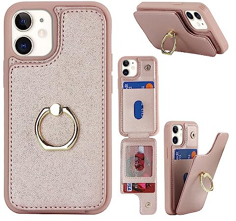 Cavor Phone Case compatible with iPhone 12 Mini Case With Card Holder,Flip Folio Leather Wallet Case,Magnetic Ring Kickstand Shockproof Cover Case compatible with iPhone 12 Mini - Rose gold