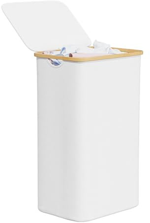SpaceAid Laundry Hamper with Lid, 110L Large Tall Clothes Basket Bin with Bamboo Handles, Collapsible Laundry Hamper for Bedroom, Bathroom, Dorm, Laundry Room - White