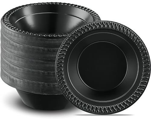BLUESKY Cuisine Black Plastic Bowls - 12oz. (Pack of 100) - Durable & Microwave Safe Material - Perfect for Parties, Weddings, and Everyday Use