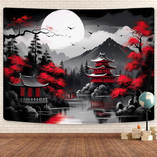 Tapisserie nature de forêt de montagne pour chambre à coucher, paysage de lune noir et blanc, tenture murale, arbre, coucher de soleil foncé, grande tapisserie asiatique, japonaise, esthétique,