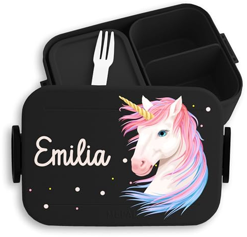 Kinder Bento Box Midi Lunchbox für Mepal Bentobox - Einhörner - Einhorn Brotdose Unicorn Vesperbox I - 900 ml - Schwarz - brotbüchse mädchen personalisierte brotboxen einhörnern