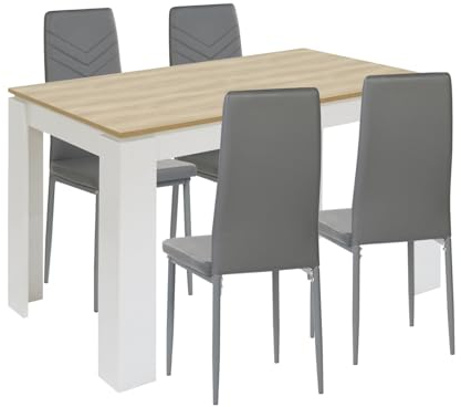 FURNITABLE Esstisch mit 4 Stühlen Esszimmergruppe, 4er Set Esszimmerstühle und Rechteckig Holztisch Essgruppe für Wohnzimmer Küche Büro (Eiche-weiß Tisch+4 Dunkelgrau Stühle)