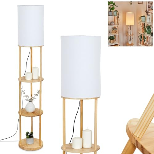 Stehleuchte Hamaa, Stehlampe aus Holz/Stoff in Naturfarben/Weiß, skandinavisches Design, Schirm Ø 26 cm, Ablageflächen u. Fußschalter, Höhe 150,5 cm, 1 x E27, ohne Leuchtmittel