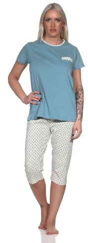 Normann Damen Kurzarm Schlafanzug mit Capri-Pyjamahose in Tupfen Punkte Optik