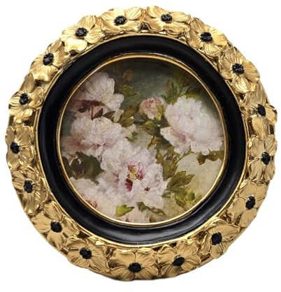 SYLVIA'S SHOP Kleiner Vintage-Bilderrahmen, rund, klein, antikes Gold, kunstvoller Kreis, für Tischplatte und Wand, dekoratives Blumendesign, Retro-Heimdekoration, Fotogalerie-Kunst, 7,6 x 7,6 cm