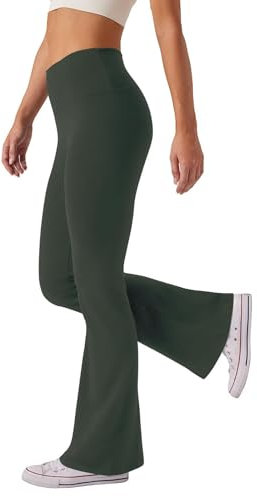 Glacspyg Damen Hose High Waist Schlaghose Bootcut Flared Yogahose Bauchtraining Elastische Freizeit Laufhose Olivgrün L