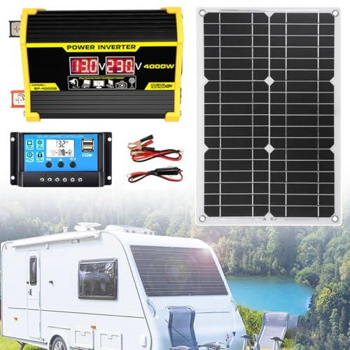 moupeaktain Kit De Panneau Solaire 400W 12V, Affichage LED, avec Onduleur/Panneau Solaire / 30A Contrôleur pour RV, Camping-Car, Caravane Et Autres Applications Hors Réseau,Black
