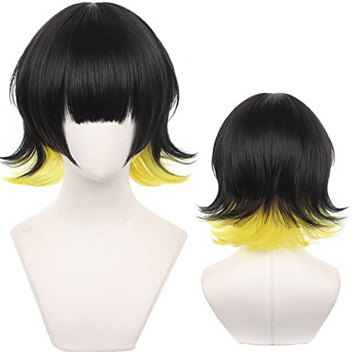 Unisex schwarz gemischt gelb kurze cosplay perücke perfekt für männer frauen halloween weihnachtskonventionen cos anime party ersetzung synthetisches stoff haar