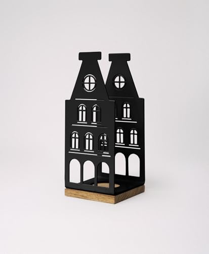 KAWENTSMANN Windlicht Metall & Holz Nobelstrehle Nr. 3 - Teelichthalter Haus-Motiv - Laterne - Kerzenständer - Kerzenhalter - Deko Windlichter - Tischdeko (RAL 9005 Tiefschwarz)