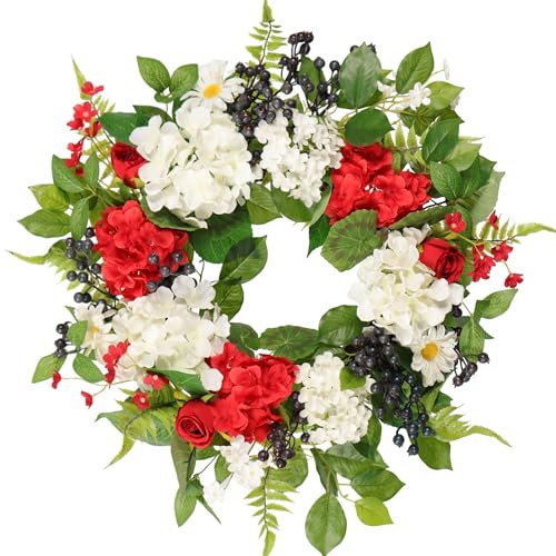 Pudate 22IN Patriotic Wreath Red Hydrangeas White Flowers Blue - Spring Summer Front Door Wreath - Silk Handmade Farmhouse Outdoor Independence Day Decor, Gift
