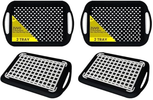 Zuvo 2Pcs Anti-Slip Food Serving Tray with Handles, Multipurpose Non-Slic Dinner/Drinks Serving Trays with High Grip Rubber, Ideal for All Homes (Black) (Pack of 2)
