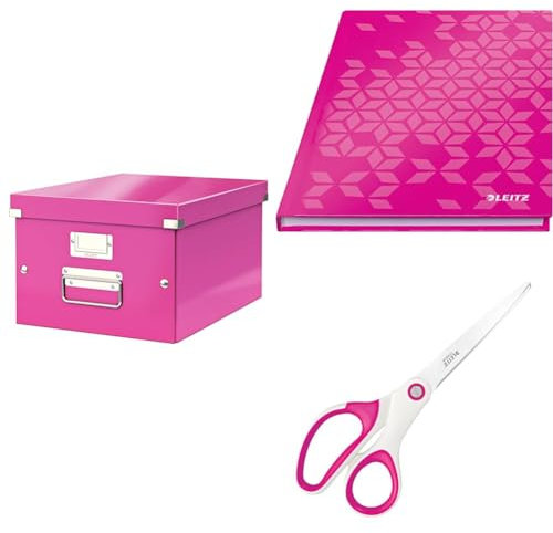 Leitz Set Click & Store Aufbewahrungsbox A4 mit Deckel Mittelgroß + Notizbuch A5 kariert + Titan Qualitätsschere, Transportbox aus 85% recycelter Premiumpappe, Pink, 60440023 + 46281023 + 53192023