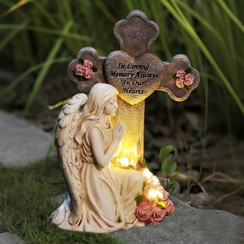 Engel für Grab Wetterfest, Engel Grabschmuck Frostfest, Engel Figur Grablicht Solar Wetterfest, wasserdichte Grabschmuck aus Harz, LED Solar Grabdeko, für Rasen Hof Terrasse Deko (A-Beige)