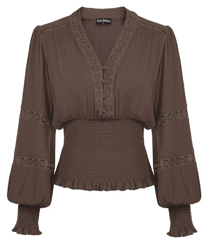 SCARLET DARKNESS Women Renaissance Tops Lace V Neck Lantern Sleeve Smocked Blouse