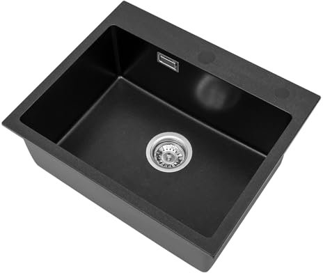 Quarz Stein Spüle Küche 55 * 45 CM Multifunktionale Barspüle mit Ablassvorrichtung Waschbecken Rechteckig mit 2 HahnLöcher (Schwarz)