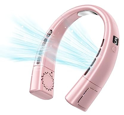Neck Fan, Portable Neck Fan Rechargeable, Bladeless Fan with 5 Speeds, LED Display & Ice Tiles, Wearable Hands-Free Personal Hanging Fan for Men & Women, Travel, Office, Home (Pink)