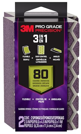 3M Pro Grade Precision 3-in-1 Sanding Sponge, 80 Grit Coarse, 2 Sponges, Washable & Reusable, for Wood, Metal, Drywall, and Heavy Material Removal – Flexible Foam, Contoured, Angled, Flat