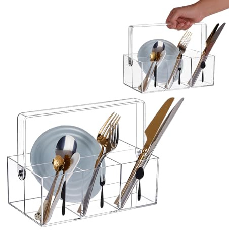 NBEADS Acrylic Cutlery Storage Organizer, Clear Silverware Caddy Utensil Holder with 4 Section and Handle for Countertop Kitchen Picnic Party Countertop Organization, 13.55cm