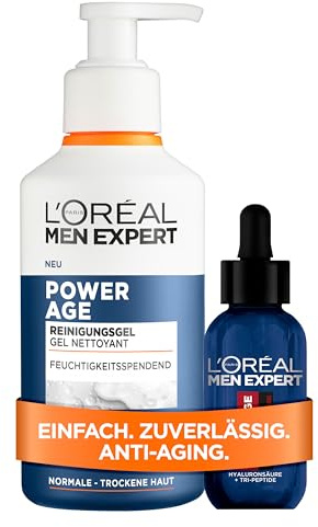 L'Oréal Men Expert Power Age Anti-Aging Set: Feuchtigkeitsspendendes Waschgel (260ml) & Hyaluron Serum (30ml) gegen Falten, Herren Gesichtspflege mit Hyaluronsäure, Vitamin B5 & Peptiden