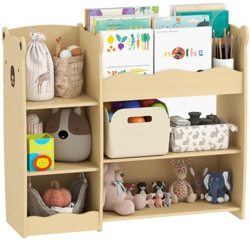 AIYAPLAY Scaffale Portagiochi per Bambini 3-8 Anni 92x29x79 cm, Color legno | Mobile per Bambini, con Ripiani Aperti e Scomparti, in MDF