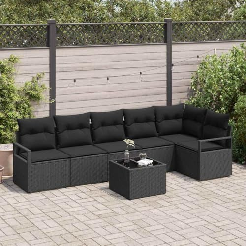 PHGTYUK Gartensofa-Set mit Kissen 7-teilig Schwarz Poly-Rattan Eckbank Sitzgruppe für Terrasse Garten Outdoor Loungebereich