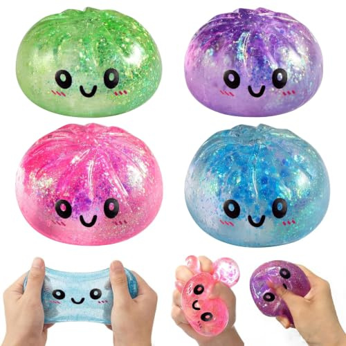 Dumpling Squishy, 4 Stück Glitter Dumpling Squishy Set, Anti Stress Bälle Fidget Spielzeug für Kinder Erwachsene, Dumplings Squishies Fidget Toys für Stress Relief, Fidgets Gifts