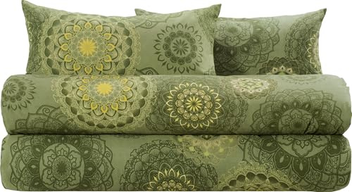 Erwin Müller Bettwäsche, Bettgarnitur Sparpaket 4-TLG. Flanell - Mandala - mollig warm, temperaturregulierend, mit praktischem Reißverschluss - grün Größe 40x80 cm / 135x200 cm