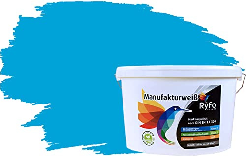 RyFo Colors Bunte Wandfarbe Manufakturweiß Azurblau 10l - weitere Blau Farbtöne und Größen erhältlich, Deckkraft Klasse 1, Nassabrieb Klasse 1