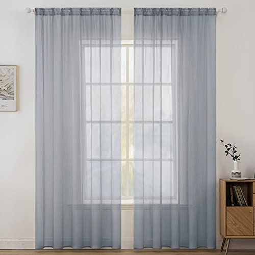 MIULEE 2er Set Voile Vorhang Transparente Gardine aus Voile Polyester Stangendurchzug Transparent Wohnzimmer Luftig Dekoschal für Schlafzimmer Dunkelgrau 245 x 140cm (H x B), Rod Pocket