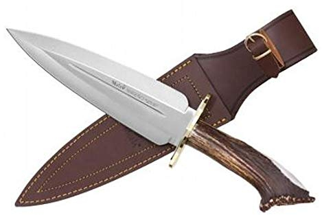 Muela Cuchillo SERREÑO-S hoja de acero ACX-380 de 22,5 cm y empuñadura de roseta de ciervo para Caza, Pesca, Supervivencia y Bushcraft Realizado en Ciudad Real + Portabotellas de regalo